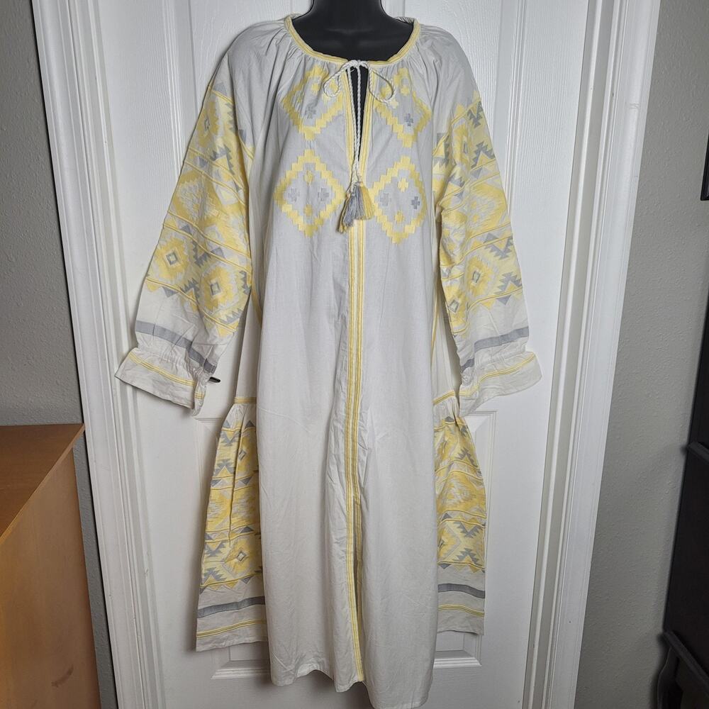 Julia Amory Dress 2XL White Yellow Coatue Caftan Embroidered Boho Maxi Belted - Picture 2 of 15
